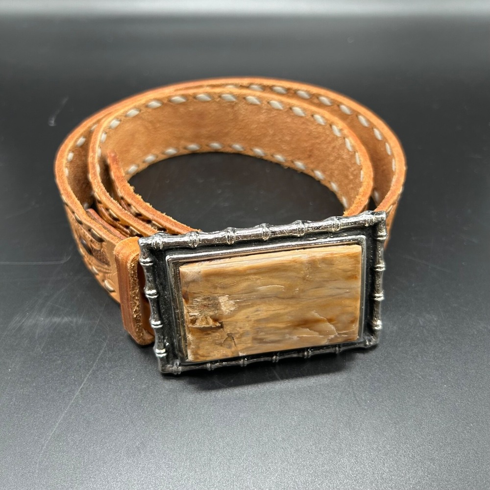 VTG Burton Mens Belt 34 Tooled Brown Leather Cowboy Western Square Stone Buckle - Picture 2 of 8